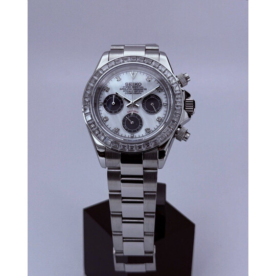 Custom Seiko Mod • White Panda MOP Double Diamond Daytona • 39.5mm
